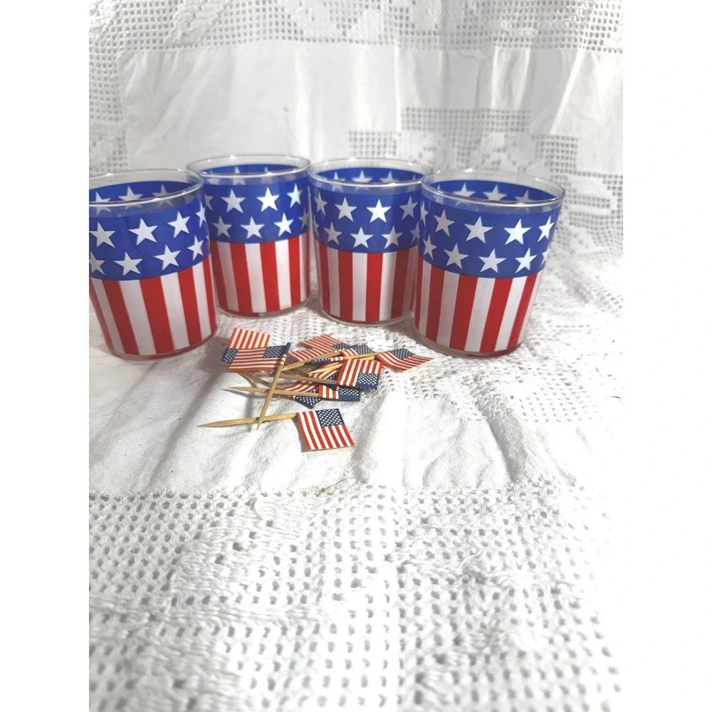 4 Vintage Dartington Designs-France Patriotic American Flag Glasses